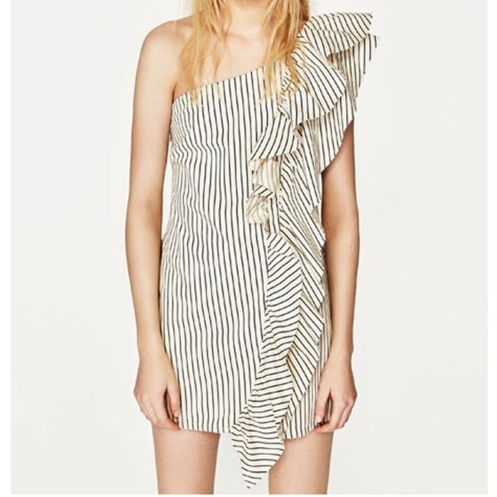 ZARA Denim Dress One Shoulder Ruffle Striped Ivory Blue Bodycon Sz M